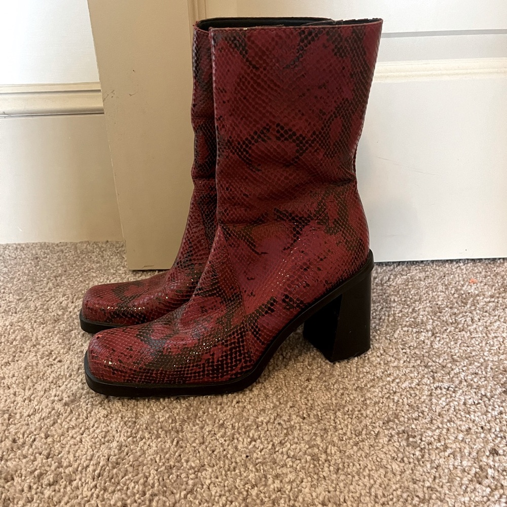 Red Snakeskin Heeled Boots